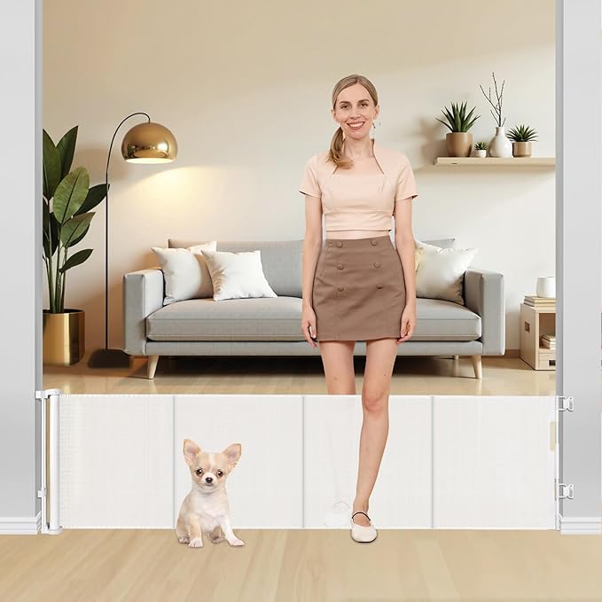 20 Inch Tall x 80 Inch Extra Wide Retractable Dog Gate for Large Openings, Easily Step Over Pet Gate, Short Dog Gate for Doorways Small Puppy Gate for Stairs Reinforced Mesh Gates Doggie Gates (White)