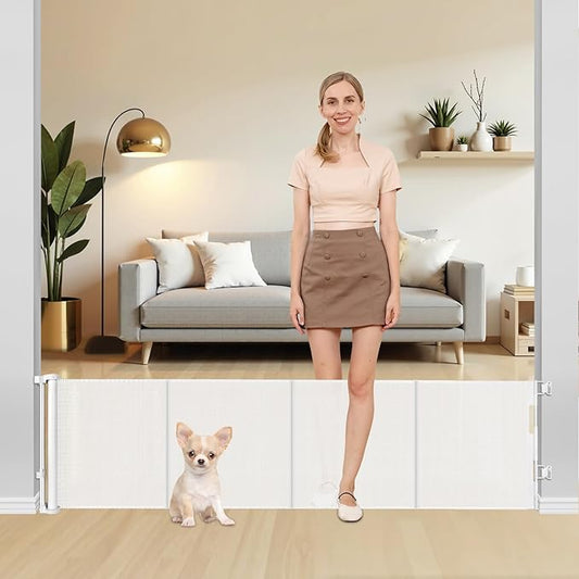 20 Inch Tall x 80 Inch Extra Wide Retractable Dog Gate for Large Openings, Easily Step Over Pet Gate, Short Dog Gate for Doorways Small Puppy Gate for Stairs Reinforced Mesh Gates Doggie Gates (White)