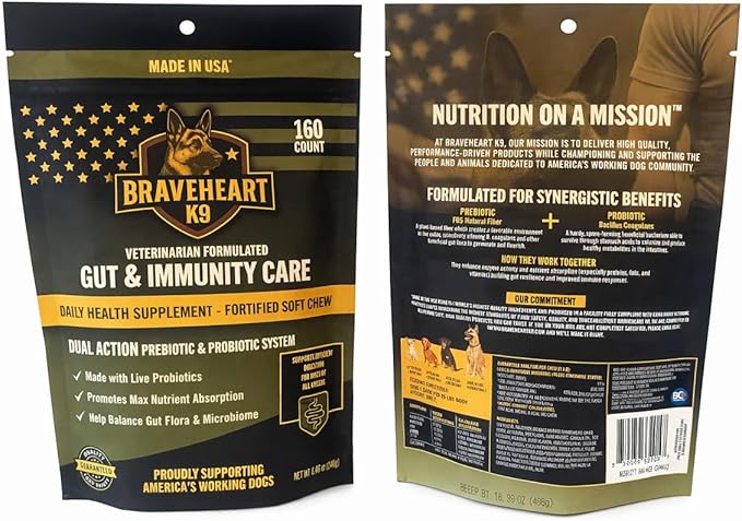 Braveheart K9 Gut & Immunity Care Dog Supplement, Veterinarian Formulated, Dual Action Prebiotic & Probiotic System, Fortified Soft Chew, 160 Count