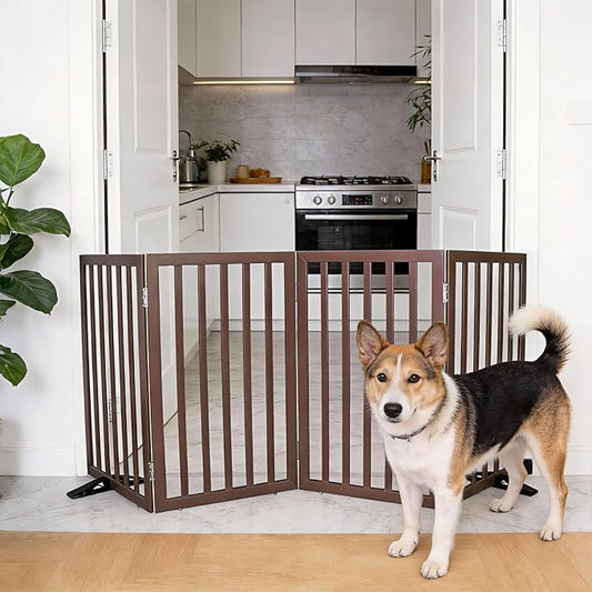 Dog Gate Indoor, Freestanding Dog Fence for The House, Doorways, Hallways,or Stairs,Pet Gate Foldable Wooden,Expandable 32" Height 4 Panels,Brown