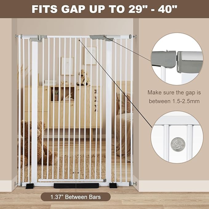 51.18" Extra Tall Cat Gate for Door Way Auto Close, 30"-40" Adjustable Width Pet Gate with 2.75" and 5.5" Extension Kits, No Drilling Pressure Mount Kit, White