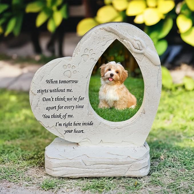 jinhuoba Heart Shaped Pet Memorial Stones for Dogs, Pet Dog HeadStones Grave Stones with Photo Frame, Loss of Pet Dog Sympathy Gifts Memorial Gifts Passing Away Gifts Outdoor or Indoor