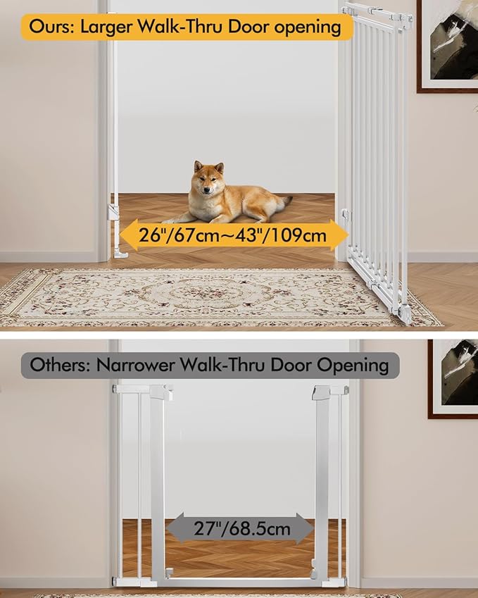 Extra Tall Baby Gate for Stairs Doorways & Kitchen, 26.4"-43" W x 39" H, No Bottom Bar Dog Gate, One-Handed Auto-Close, Hardware Mount Safety Gate for Dogs & Toddlers, White