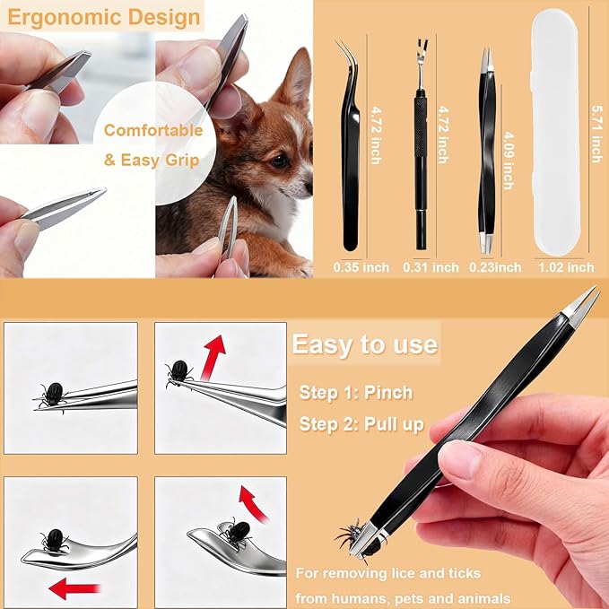 Tick Removal Tool,Tick Remover for Dogs,Premium Tick Twister Stainless Steel 3 PCS -Tick Tweezers/Tick Fork/Handy Tin with Case -Safe for Human & Pets (Black)