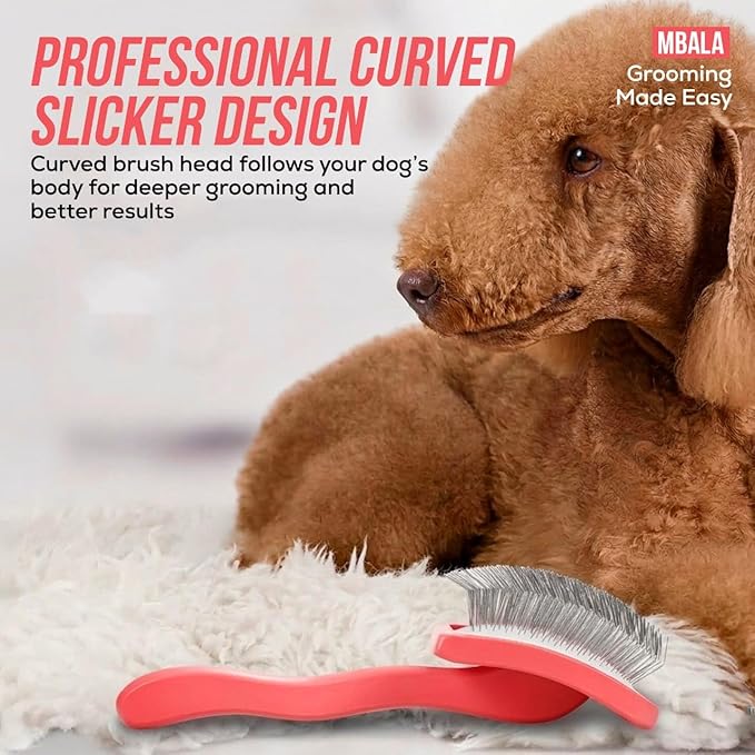 Mbala Curved Slicker Brush for Dogs – Professional Dog Brush for Shedding & Grooming, 30% More Pins, Ideal for Goldendoodles, Poodles & Long-Haired Dogs, Detangling & Deshedding, Large Coral