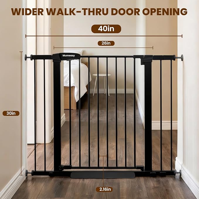 Baby Gate with Door, 26-40" Auto Close Dog Gate Indoor for Stairs Doorways, Easy Install Pressure Mounted Pet Gate, Easy Walk Through Child Safety Gate for The House, Black
