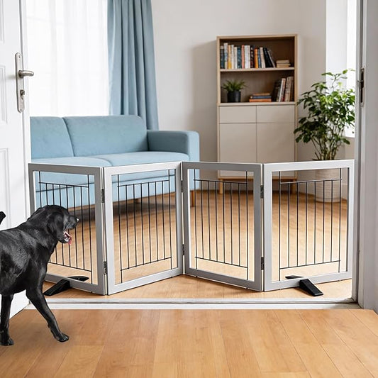 ZJSF Freestanding Dog Gate Indoor, Foldable Dog Fence for Doorways,Hallways or Stairs, Sturdy Wood Extra Wide Pet Gate with Support Feet,Grey,24 "Height-4 Panels