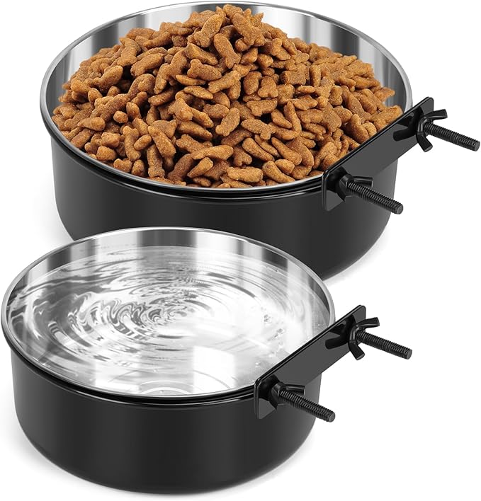 Crate Dog Bowls, Removable Stainless Steel Dog Bowl for Food and Water, Pet Kennel Hanging Food Water Feeder Station for Small/Medium/Large Pets, (7.1"x2.6" & 6.3"*2.4", Black)