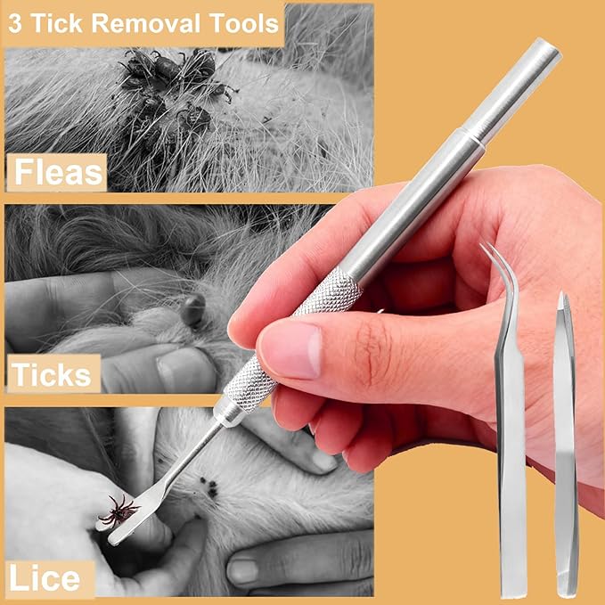 Tick Removal Tool,Tick Remover for Dogs,Premium Tick Twister Stainless Steel 3 PCS -Tick Tweezers/Tick Fork/Handy Tin with Case -Safe for Human & Pets (Silver)
