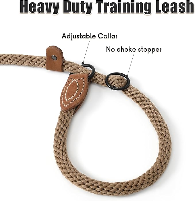 Mile High Life Slip Leads for Dogs | Heavy Duty Dog Training Leash | 6 Feet No Pull Slip Leashes w Leather Tip | Brown Rope Lead for Dogs Outside