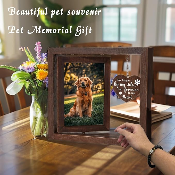 Dog Memorial Gifts for Loss of Dog Sets, 4x6”Rotating Wooden Photo Frame and 8MM Rainbow Bridge Bracelet for Beloved Cats and Dogs Pet Memorial Gifts for Dog Cat Dog Bereavement Gifts (Black)