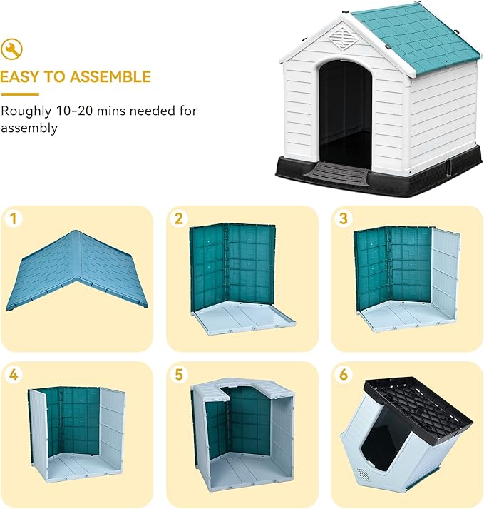 DWVO Large Outdoor Dog House, Plastic Doghouse with Air Vents and Ground Nails, Insulated Water Unaffected Puppy Shelter for Small Medium Dogs (28.5''L x 26''W x 28''H, Blue)