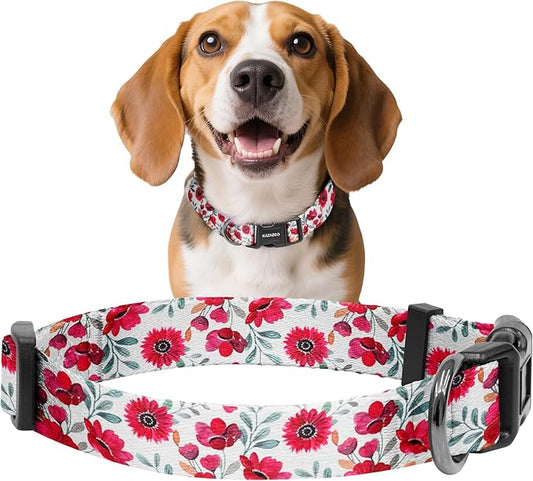 Kazazoo Dog Collar Cute and Soft Nylon Puppy Collar for Boy and Girl, Adjustable Dog Collars for Small Medium Dogs, Red Flowers-M