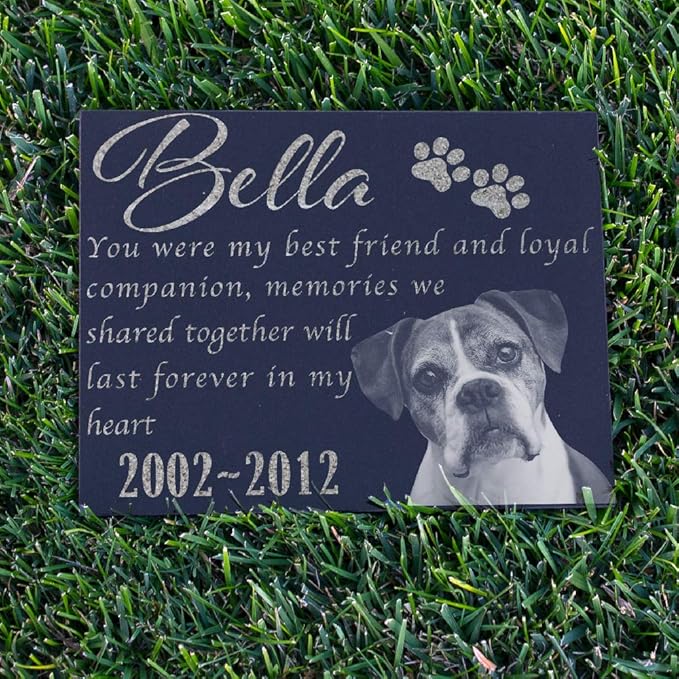 Personalized Granite Pet Memorial Stone w 'Your Pet Photo' Customized Tombstone - Loss of Pet Gift- Indoor Outdoor Dog or Cat for Garden Backyard 11" x 8.5" #13