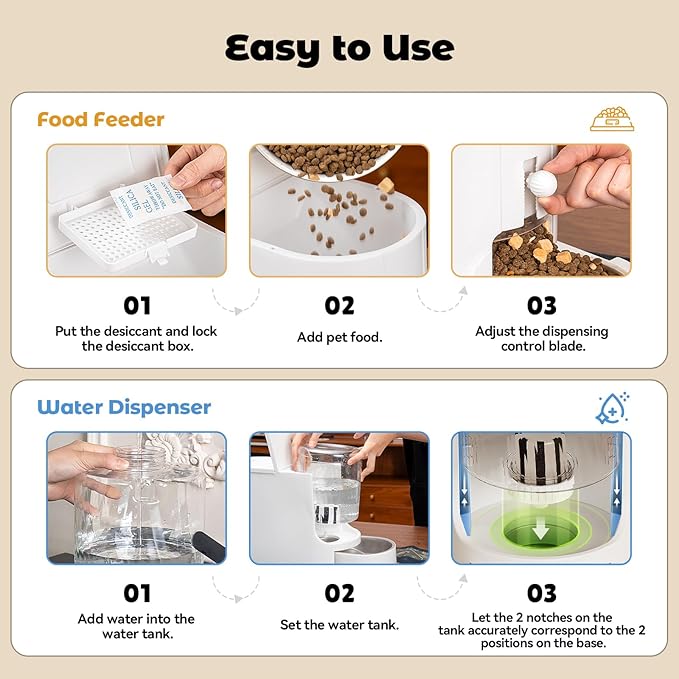 Automatic Cat Feeder 2-in-1 Set, Gravity Cat Food Feeder and Water Dispenser, Dog Feeding & Watering Supply with Stailess Steel Bowls, Large Capacity Low Noise, White