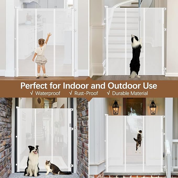 Reinforced 60 Inch Extra Tall Pet Gate for Cats - No Jumping Over/Crawling Under, 55" Wide Retractable Dog Gate with Support Rods, Indoor/Outdoor Retractable Gate Extra Tall Baby Gate for Cats, White