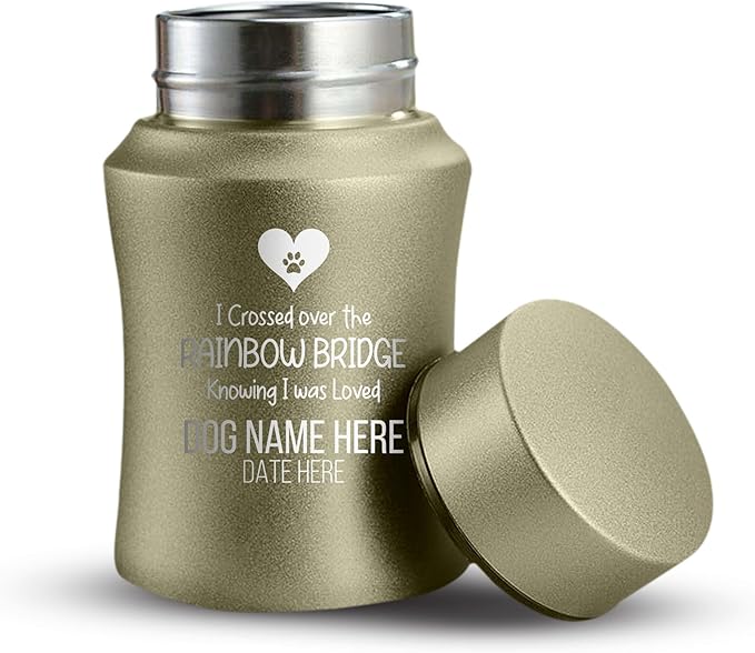 Customized Small Keepsake Urn Personalized Engraved with Pet Name, Date, and Dog Design - 4" Powder Coated Cremation Mini Compact Urn for Dogs Ashes | 5–10 Lbs Capacity | Washed Gold, Rainbow Bridge