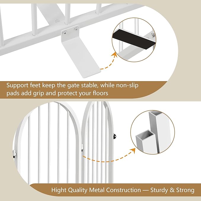 Full Metal Dog Gate for Indoor Outdoor, 32" Tall Free Standing Pet Dog Fence, 36" Wide Arched Pet Gates for Stairs, Hallways, Doorways, Kitchen, Decks, Yards (White, 2 Panels)