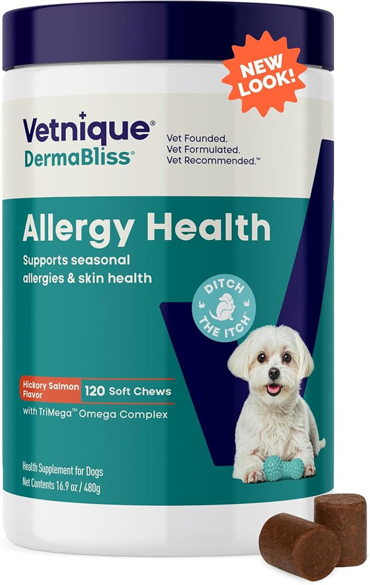 Vetnique DermaBliss Dog Allergy Chews for Seasonal Allergy Itch Relief, Skin & Gut Health with Probiotics and Omega 3 Blend - Advanced or Regular Strength (120ct, Regular Strength Chews)