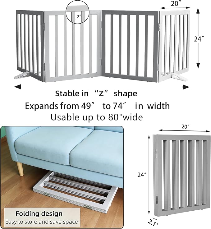Dog Gate Indoor, Freestanding Dog Fence for The House, Doorways, Hallways,or Stairs,Pet Gate Foldable Wooden,Expandable 24" Height 4 Panels,Grey