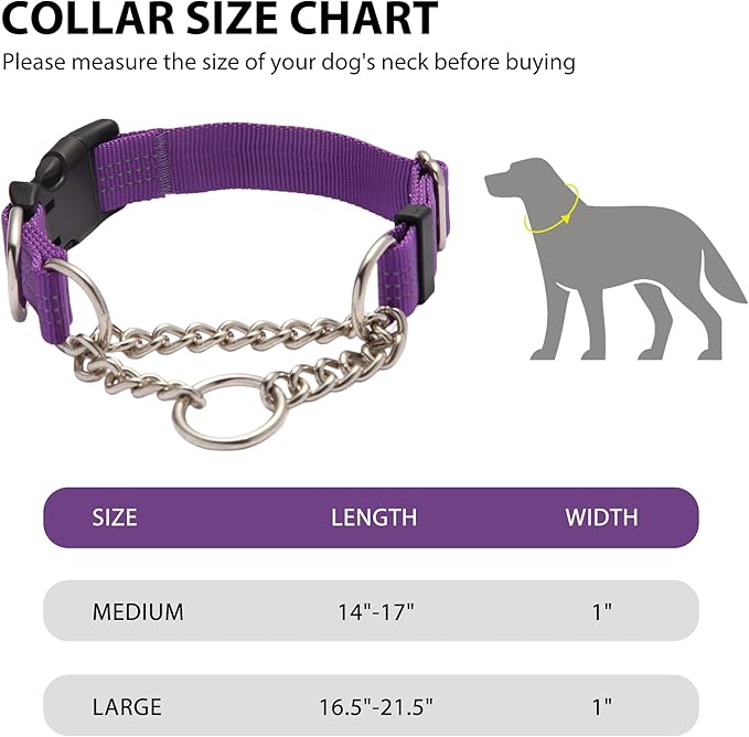 Martingale Dog Collar with Quick Release Buckle Steel Chain No Pull Training Reflective Collar for Medium Large Dogs(Purple, Medium)