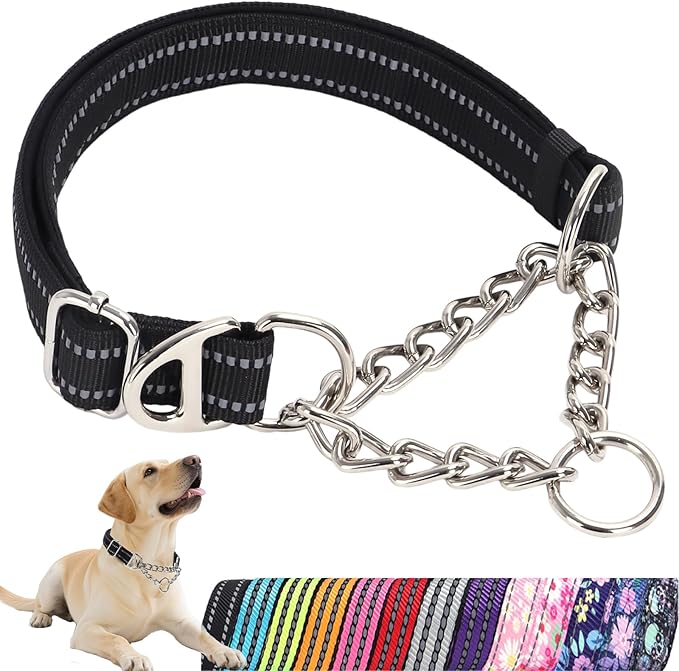 Martingale Dog Collar with Soft Padded - Reflective Choke Chain Collar, Heavy Duty Dual D-Rings no Pull Dog colla for Large/Medium/XL,XXL Dogs Dogs - Comfort Training Collar(Black L)