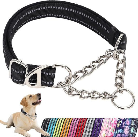 Martingale Dog Collar with Soft Padded - Reflective Choke Chain Collar, Heavy Duty Dual D-Rings no Pull Dog colla for Large/Medium/XL,XXL Dogs - Comfort Training Collar(Black M)