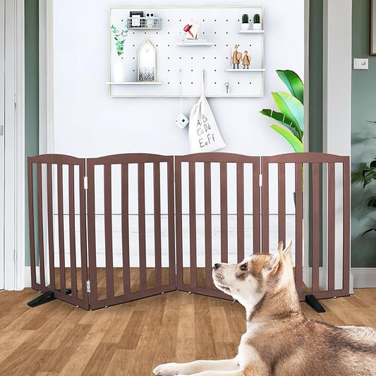 Freestanding Dog Gate Indoor,Doggie Gate Foldable Pet Gates for Doorways,Stairs or Hallways, Wooden Brown Pet Gate for the House, Pet Fence with Support Feet Included,32 "Height-4 Panels