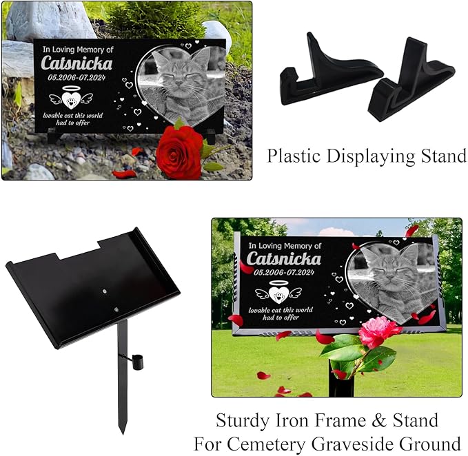Generic Personalized Pet Memorial Stones,Dog Headstones, Cat Tombstone Outdoor, Black Granite Memorial Garden Stone Engraved with Photo, Pet Headstone Sympathy Gifts (for Pets) (cat)