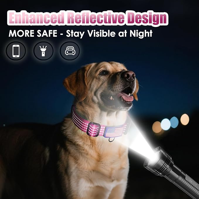 Martingale Collar for Dogs, Reflective Heavy Duty with Quick Release Nylon Buckle-USA Flag-No Pull Training Choker for Walking, Training, Hot Pink,M