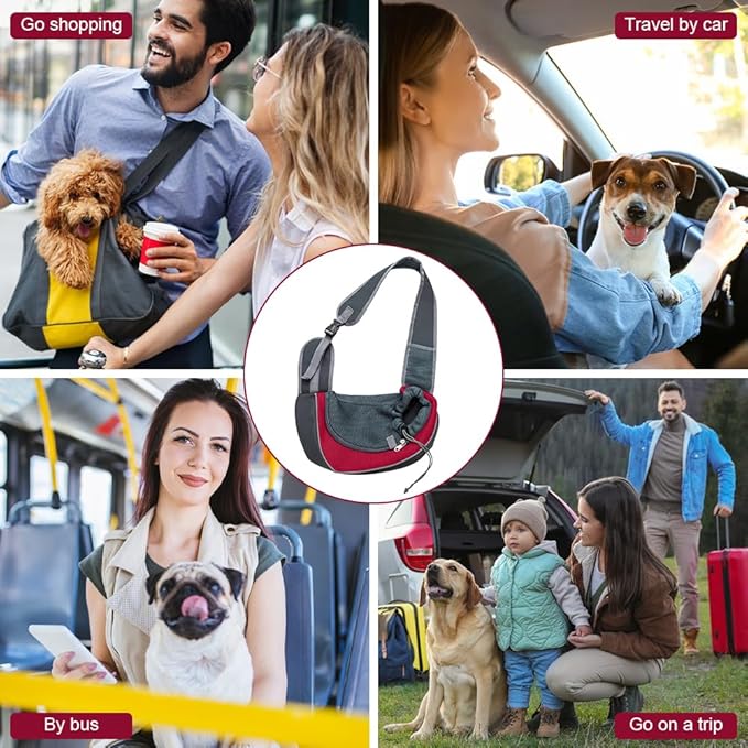 Dog Carrier Sling Front with Adjustable Strap Outdoor Travel Shoulder Pet Bag(Red)