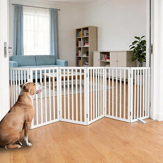 ZJSF Freestanding Indoor Dog Gate for House Foldable Wood White Puppy Gate for Doorways Pet Gate for Stairs Extra Wide Pet Fence 32" Height 6 Panels