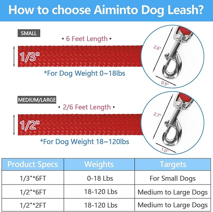Dog Leash, Braided Rope Traction – Walking Training Lead for Medium/Large Dogs ((1/2") x 2FT, Red)