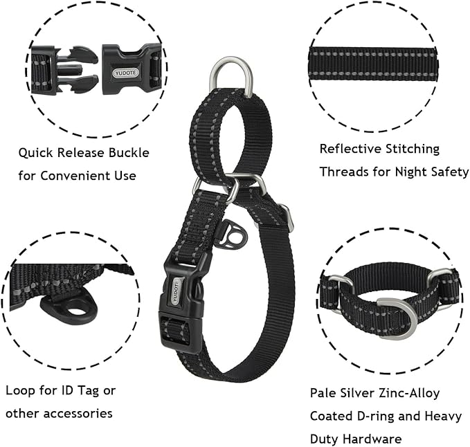 Reflective Martingale Collar for Dogs with Quick Snap Buckle Anti-Pull Nylon Safe Slip Collars for Easy Walking,Black,Medium