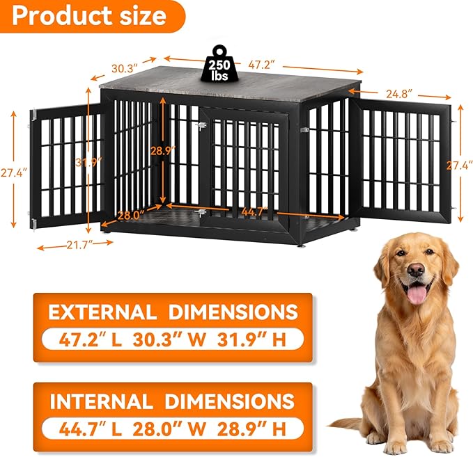 48" Heavy Duty Dog Crate Furniture for Small,Medium and Large Dogs,Rustic Wooden Dog Cage Kennel Indoor Furniture with Waterproof Top,Decorative Pet House Side End Table (Black & Grey)