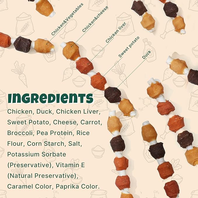 M-PETS Dog Treats, 5 Flavor Dogs Kabob Snacks Long Lasting Chews, Made with Real Chicken and Duck Jerky Meat 18pcs Rawhide Sticks