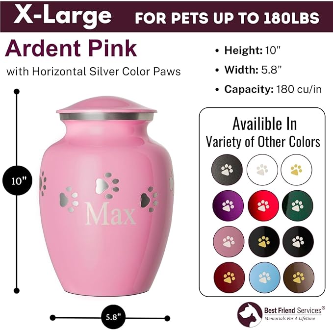 Ottillie Paws Premier Series Pet Urn for Dogs with Personalized Laser Engraving (X-Large - Pets up to 170 lbs, Ardent Pink with Horizontal Pewter Paws)