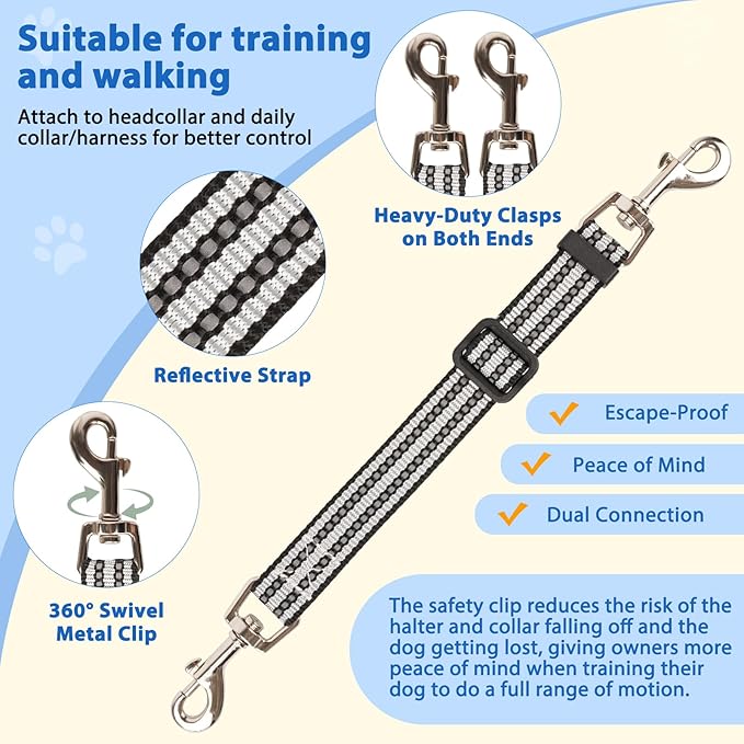 BARKLESS No Pull Dog Head Collar for Gentle Training Walking, Soft Padded Head Halter with Collar Safety Clip, Comfortable Fit Muzzle Leash with Reflective Strap for Medium Large Dog (Grey, L)