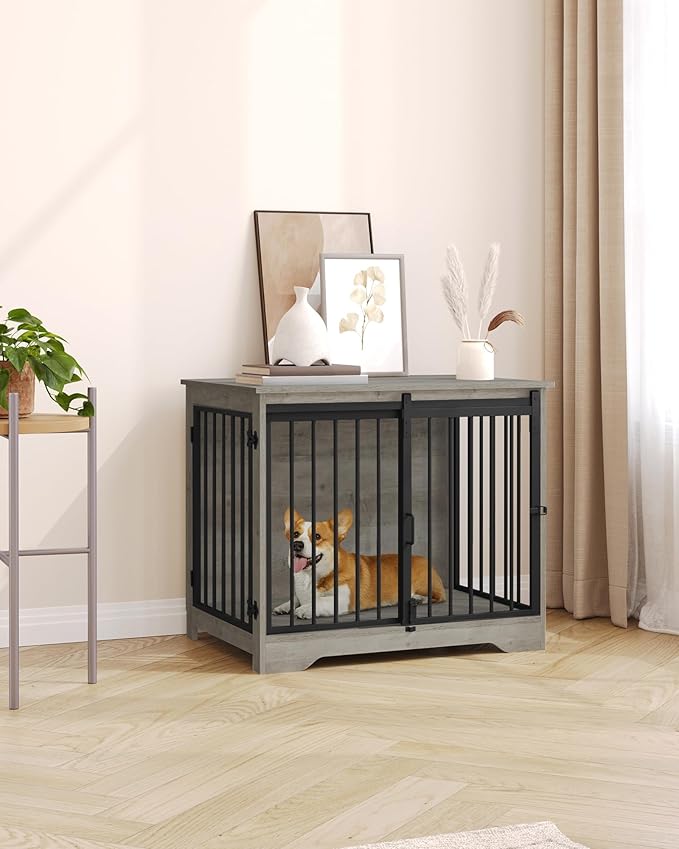 31.9" Dog Crate Furniture with Barn Door, Heavy Duty Dog Kennel Indoor with 2 Doors, Wooden Pet Cage End Table for Small Medium Dogs up to 44 lb, Anti-Chew Anti-Escape, Greige DFC83605B