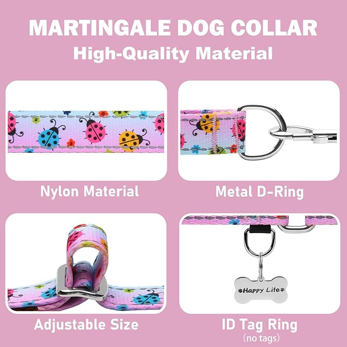 Reflective Martingale Collar for Dogs Nylon Training Collar with No Buckle, No Pull Adjustable Dog Collar for Medium Dogs（Gradient Ladybug，M）