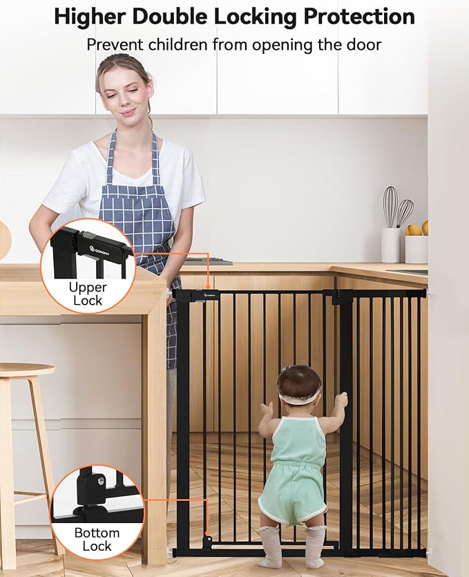 COMOMY 42" Extra Tall Baby Gate for Stairs Doorways, Fits Openings 29.5" to 43.3" Wide, Auto Close Sturdy Safety Dog Gate for House, Pressure Mounted Easy Walk Through Pet Gate with Door, Black