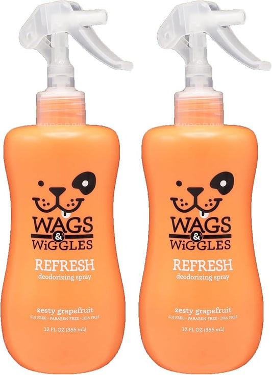 Wags & Wiggles Refresh Dog Deodorizing Spray in Zesty Grapefruit | Long Lasting Dog Grooming Deodorizer Spray | Easy to Use Deodorizing Spray for Dogs to Combat Smelly Dog Odors, 12 Ounces (Pack of 2)