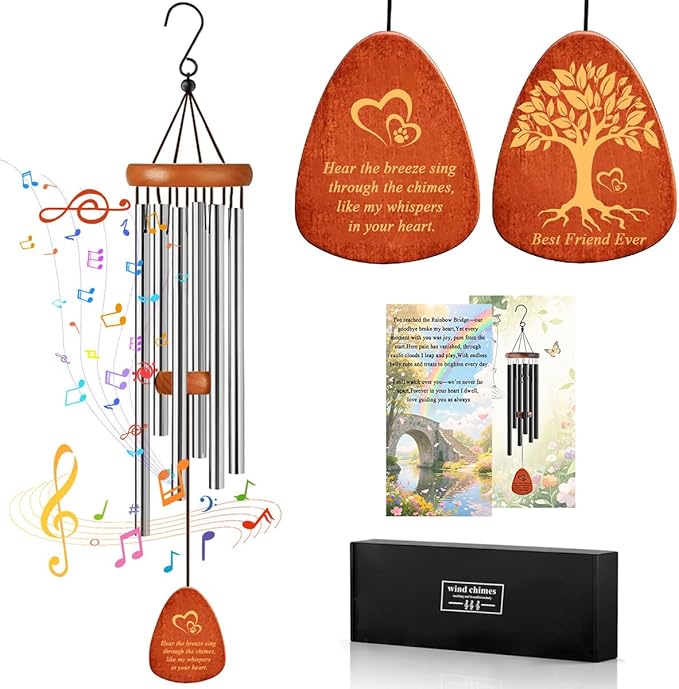 Dog Memorial Gifts Wind Chimes, Pet Loss Sympathy Gift, 25.5'' Dog Cat Passing Away Remembrance Wind Chime with Rainbow Bridge Poem Card, Silver
