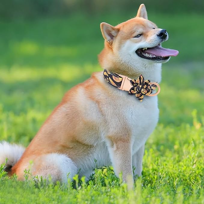 Dog Collar and Leash Set Adjustable Girls Puppy Floral Collars with Bow Tie for Small Medium Large Dogs(XS, Feather)