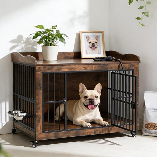 32" Dog Crate Furniture for Small Medium Dogs, Steel Solid Wood Dog Kennel Indoor, Escape-Proof Lock & Chew-Resistant, Home Décor Integration Multi-Purpose Pet Cage Furnitures