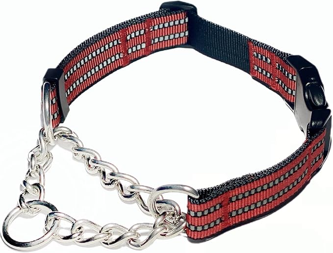 Martingale Collars for Dogs, Heavy Duty Stainless Steel Chain Training Collar, Reflective Nylon Adjustable Collar with Quick Release Buckle, Suitable for Puppy Medium Large Dogs (Red,S)