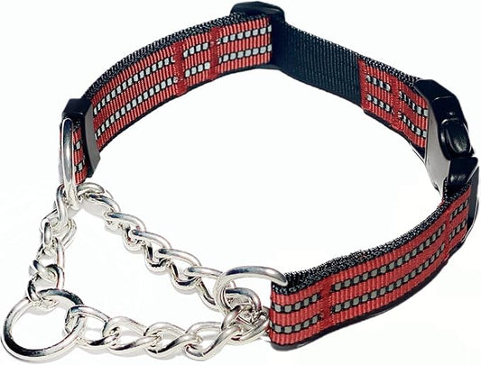 Martingale Collars for Dogs, Heavy Duty Stainless Steel Chain Training Collar, Reflective Nylon Adjustable Collar with Quick Release Buckle, Suitable for Puppy Medium Large Dogs (Red,S)