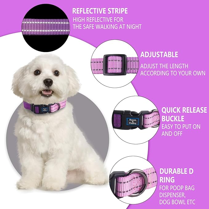 Roses&Poetry Lightpurple Medium Dog Collar and Leash Set, Puppy Reflective Leashes with Collars, Adjustable Durable Matching Collar Leash for Medium Dogs Girl (Lightpurple-M)