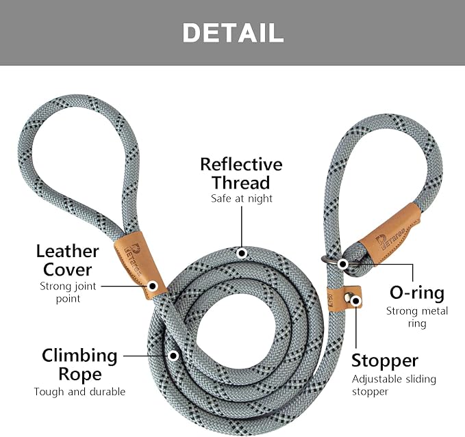 5 FT Slip Lead Dog Leash, Heavy Duty Rope Leash for Small Medium Large Dogs, No Pull Training Lead with Reflective Thread, Strong Comfortable Loop Leash (Grey Stripe, Large(1/2"))