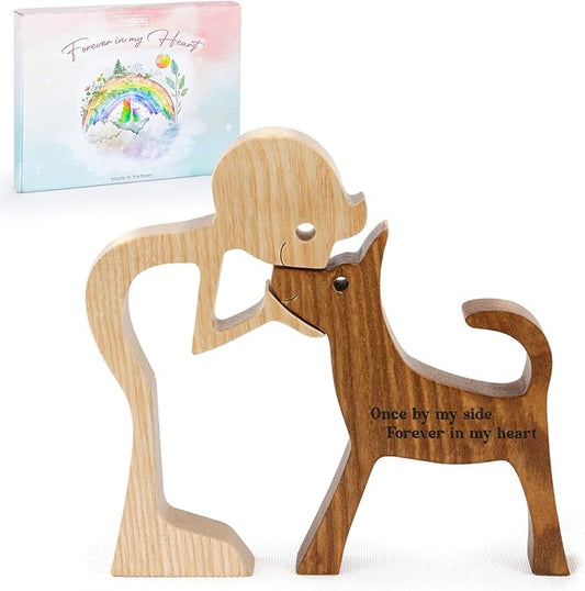 SENSUNIQ Dog Memorial Gifts, Cat Memorial Gifts, Wooden Carving Men and Dog Figura, Once by My Side Forever in My Heart - Sympathy Keepsake Dog Mom, Dog Dad for Loss of Pet (Dog and Man)